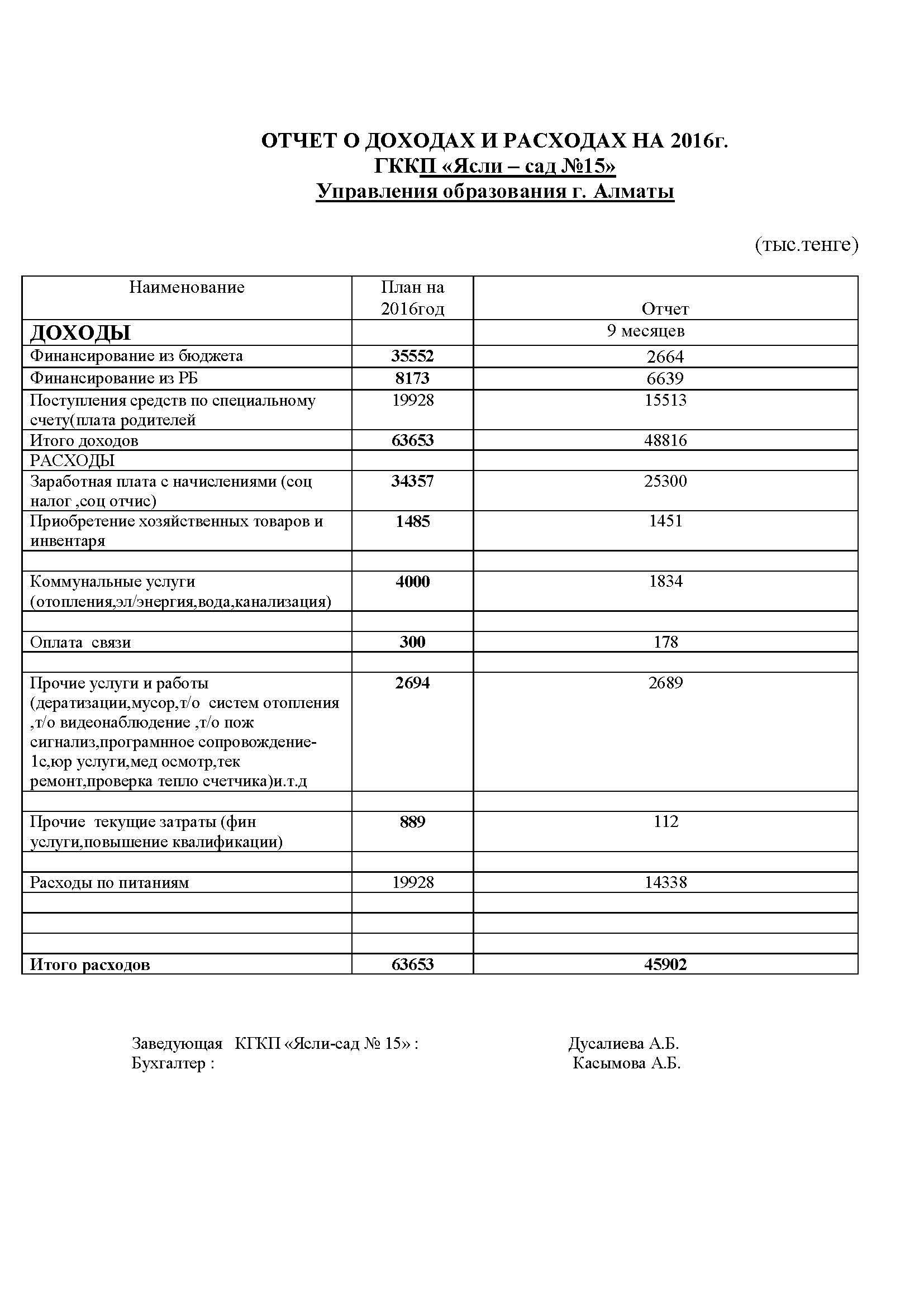 Отчет о доходах и расходах за 9 месяцев 2016 год 15 сад