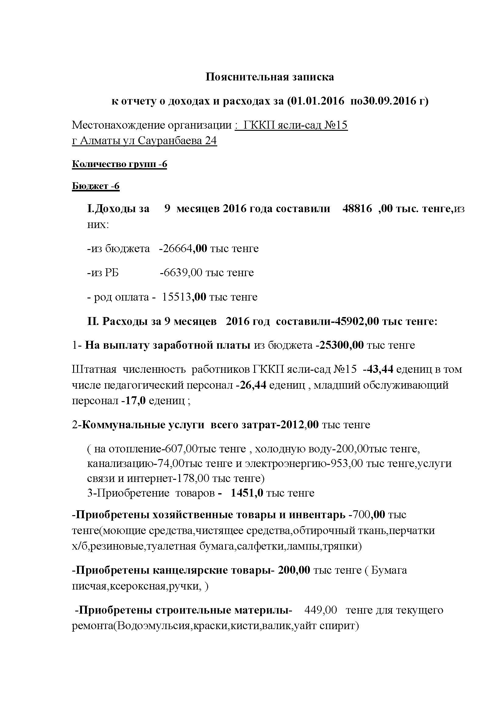 Отчет о доходах и расходах за 9 месяцев 2016 год 15 сад