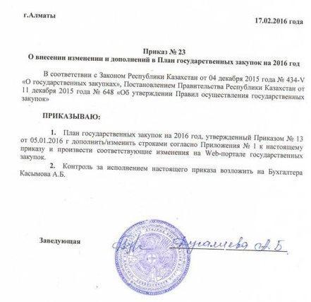 Приказ об утверждении плана закупа продуктов питания