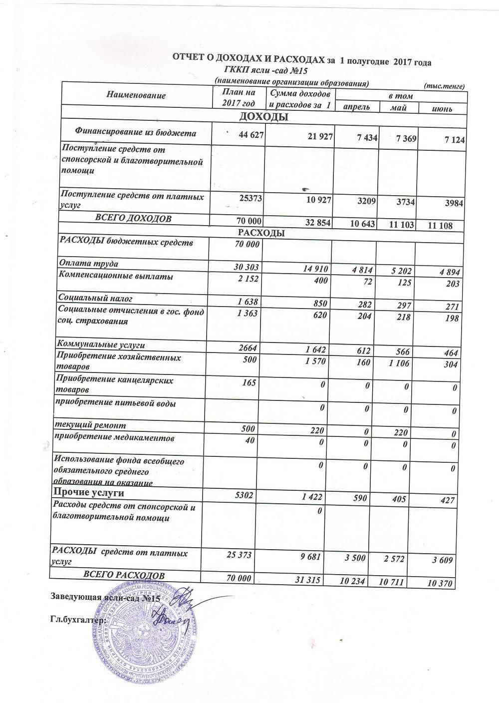 Отчет о доходах и расходах за 1 полугодие 2017 года