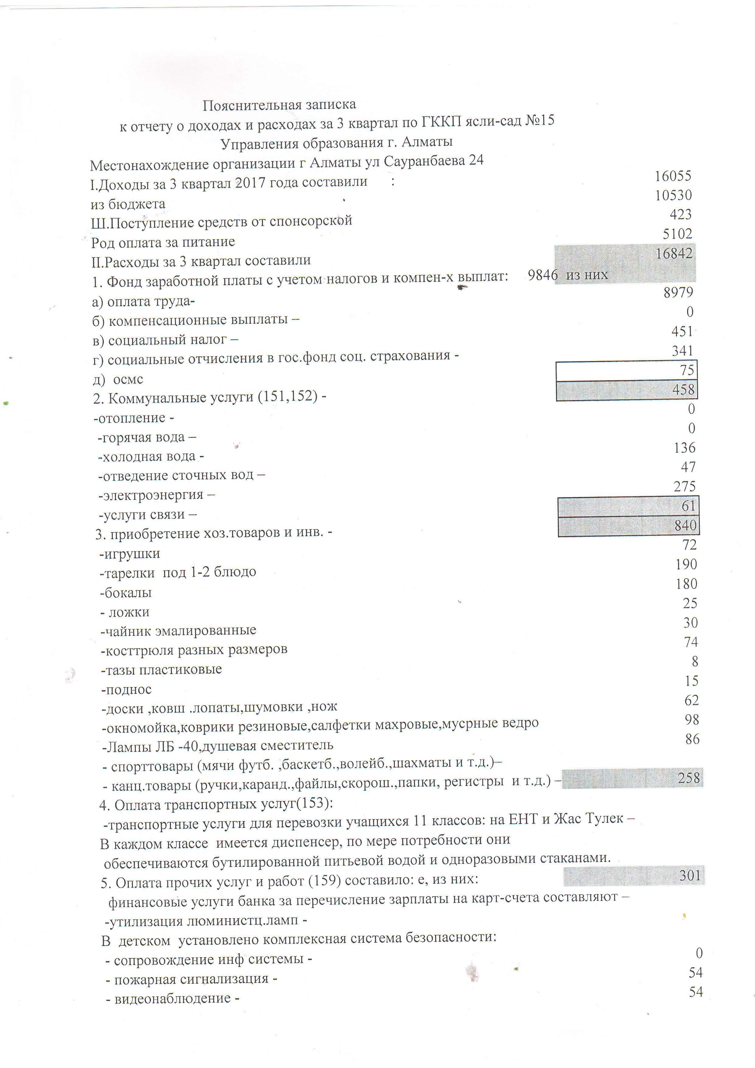 Отчет о доходах и расходах за 3 квартал 2017 г