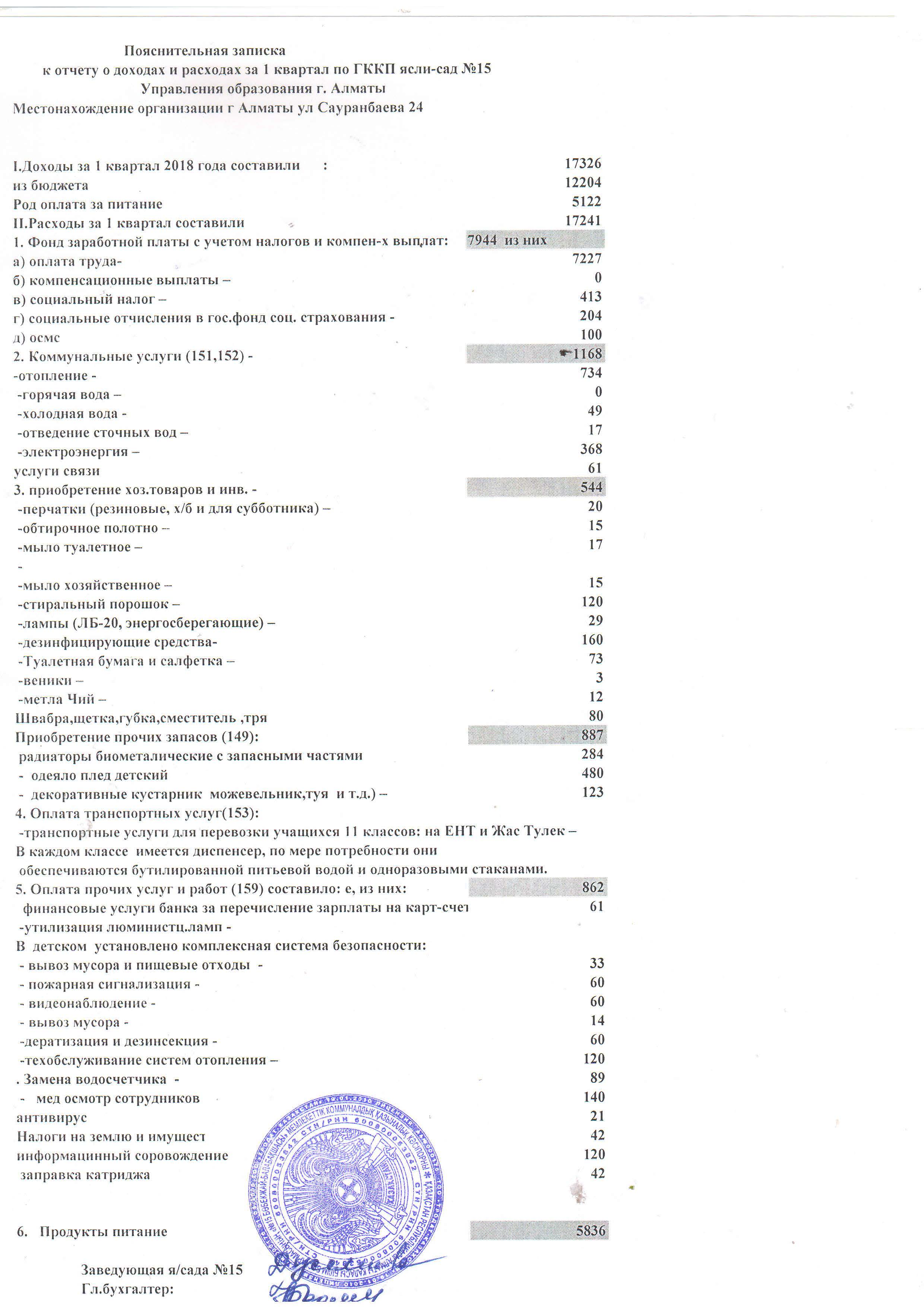 Пояснительная записка к отчету о доходах и расходах за 1 квартал 2018 года