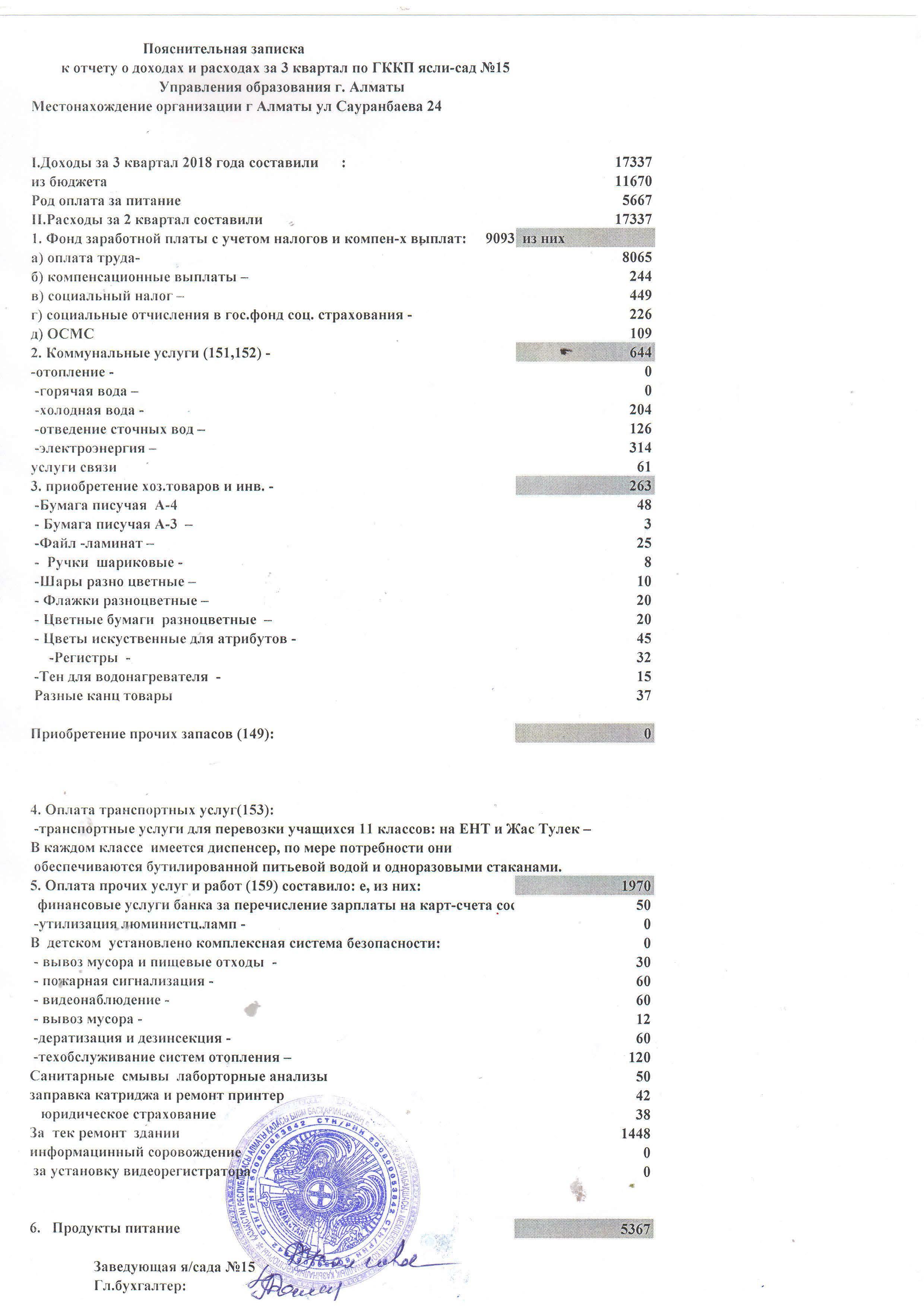 Отчет о доходах и расходах  за 3 кв 2018 год