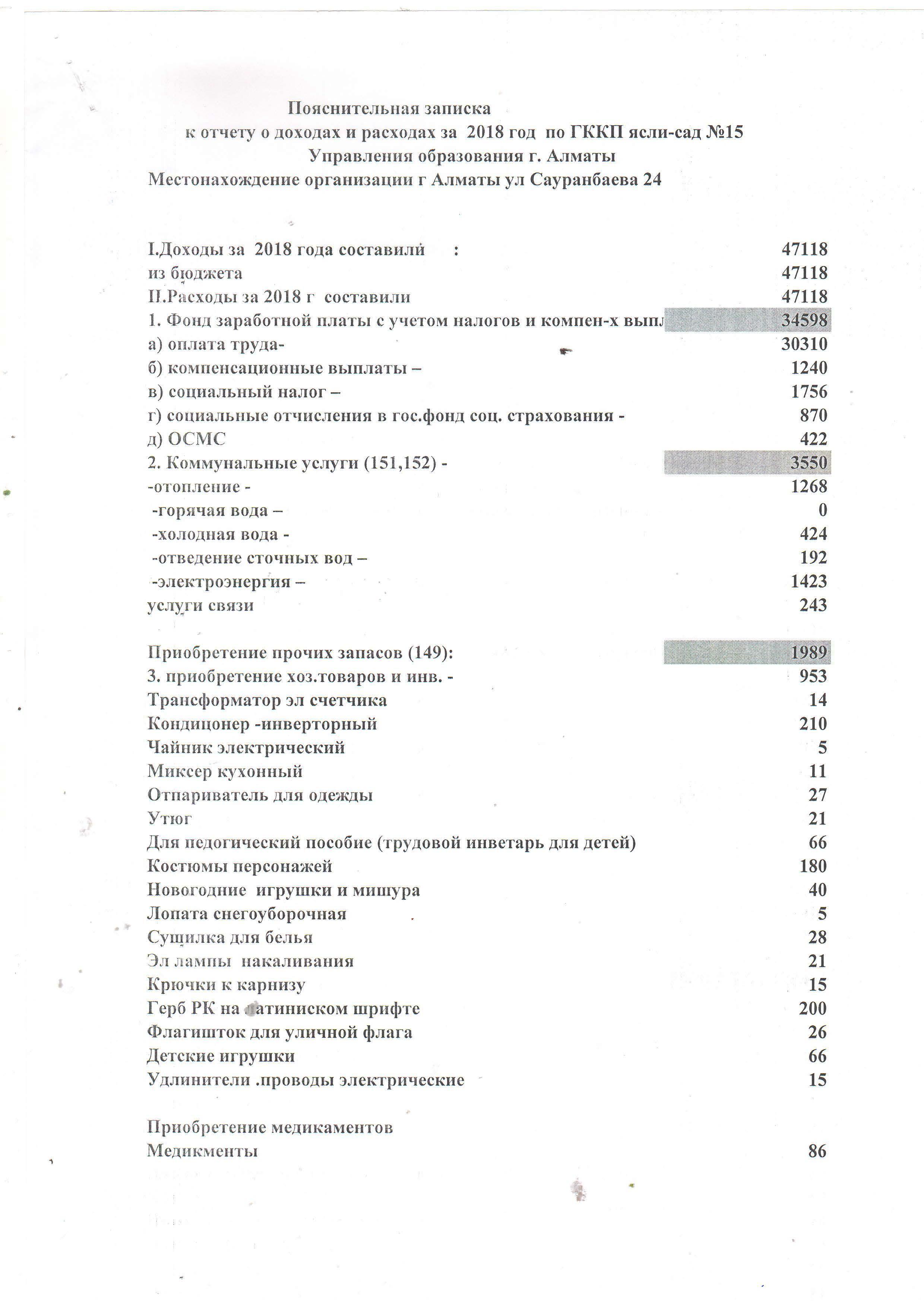 Отчет одоходах и расходах  за 2018 го -15 сад