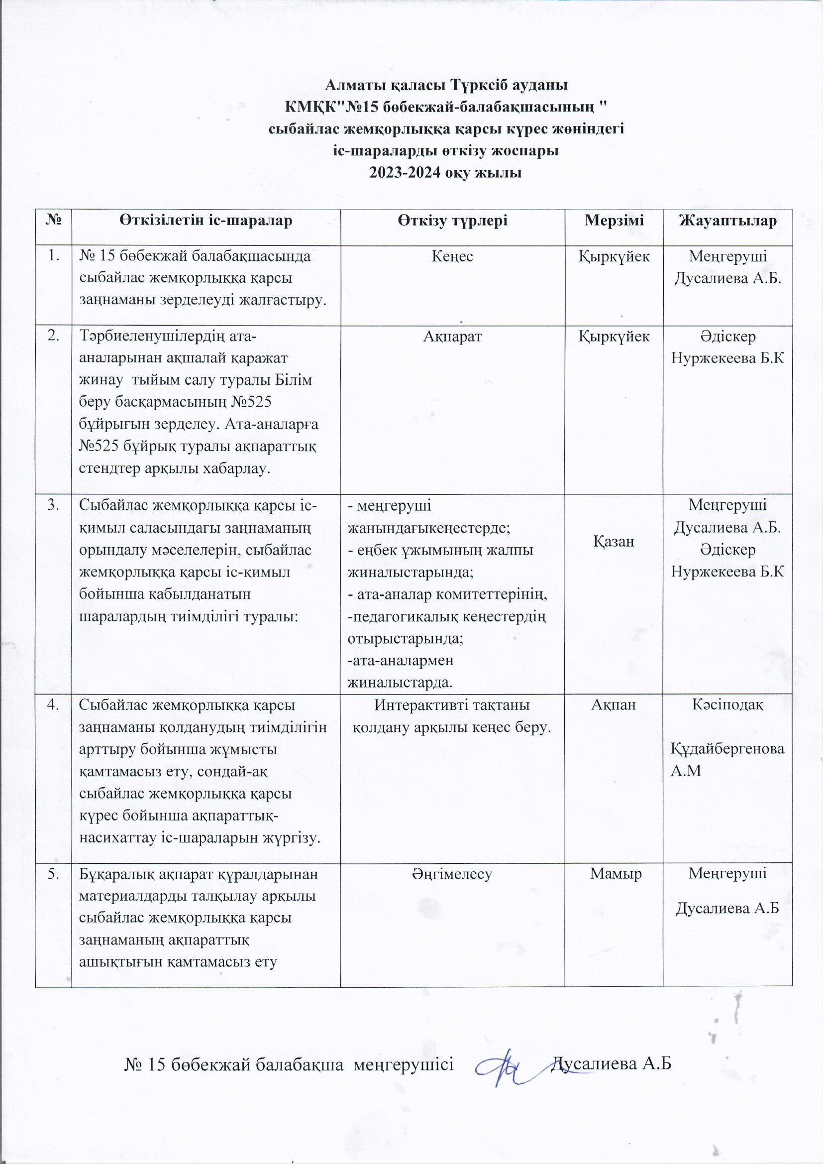 2023-2024 оқу жылындағы сыбайлас жемқорлыққа қарсы күрес жоспары