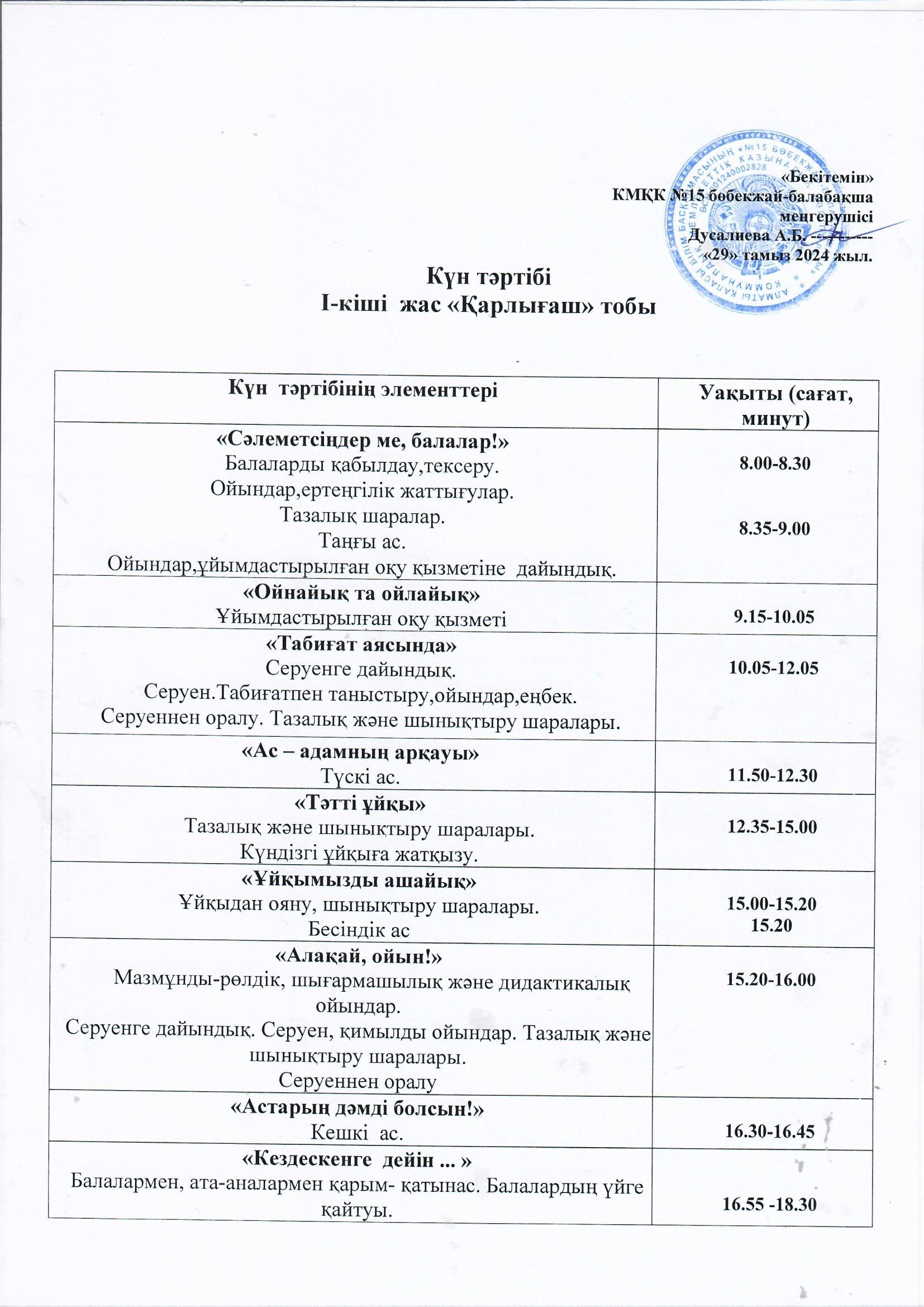 КМҚК №15  бөбекжай -балабақшасының күн тәртібі