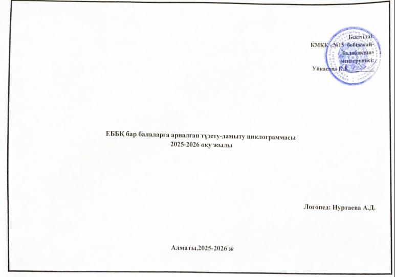 Логопедтің ЕББҚ бар балаларға арналған түзету-дамыту циклограммасы 2025-2026 оқу жылы