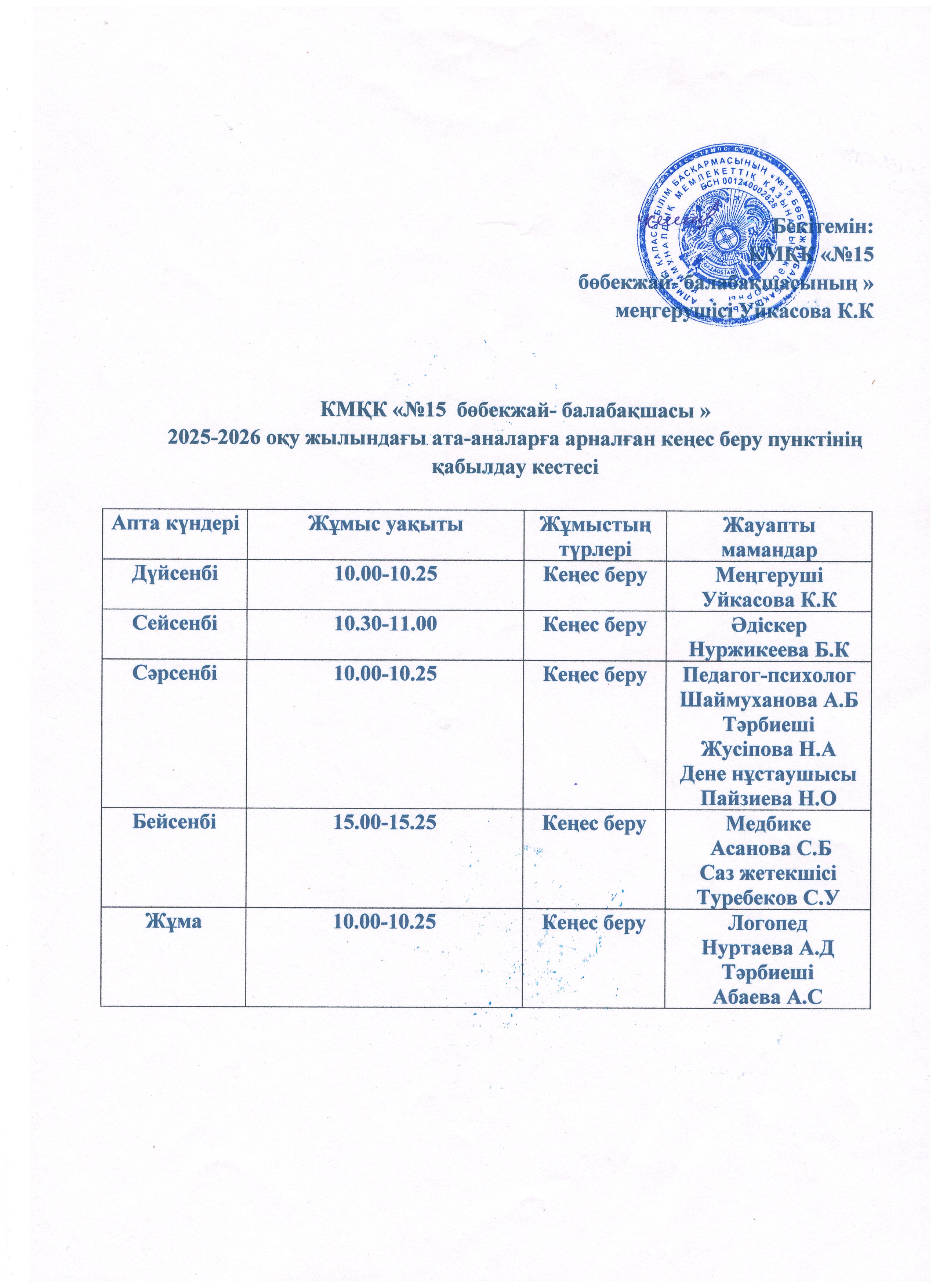 КМКҚ" №15 бөбекжай-балабақшасы" 2025-2025 оқу  жылындағы ата-аналарға  арналған кеңес  беру  пунктінің қабылдау кестесі