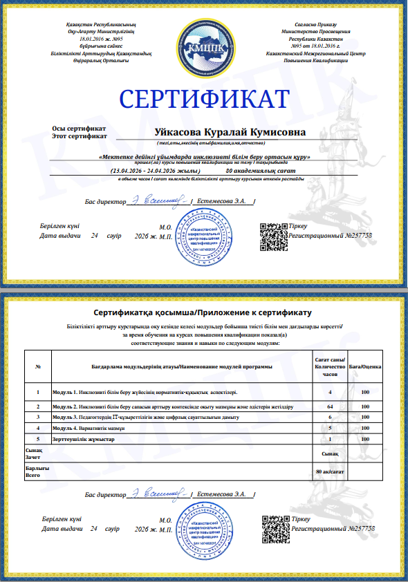 Сертитфикат: Мектепке дейінгі ұйымдарда инклюзивті білім беру ортасын құру